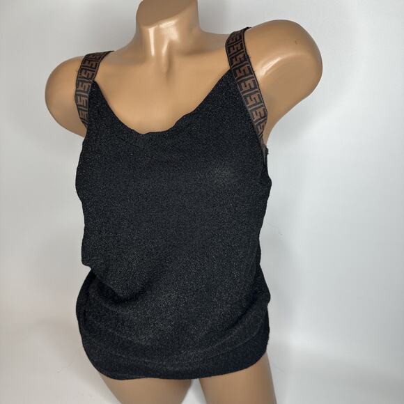 Black Metallic Knit Cami Logo Strap Top Y2K Clubwear Stretchy Tank S - Picture 8 of 8